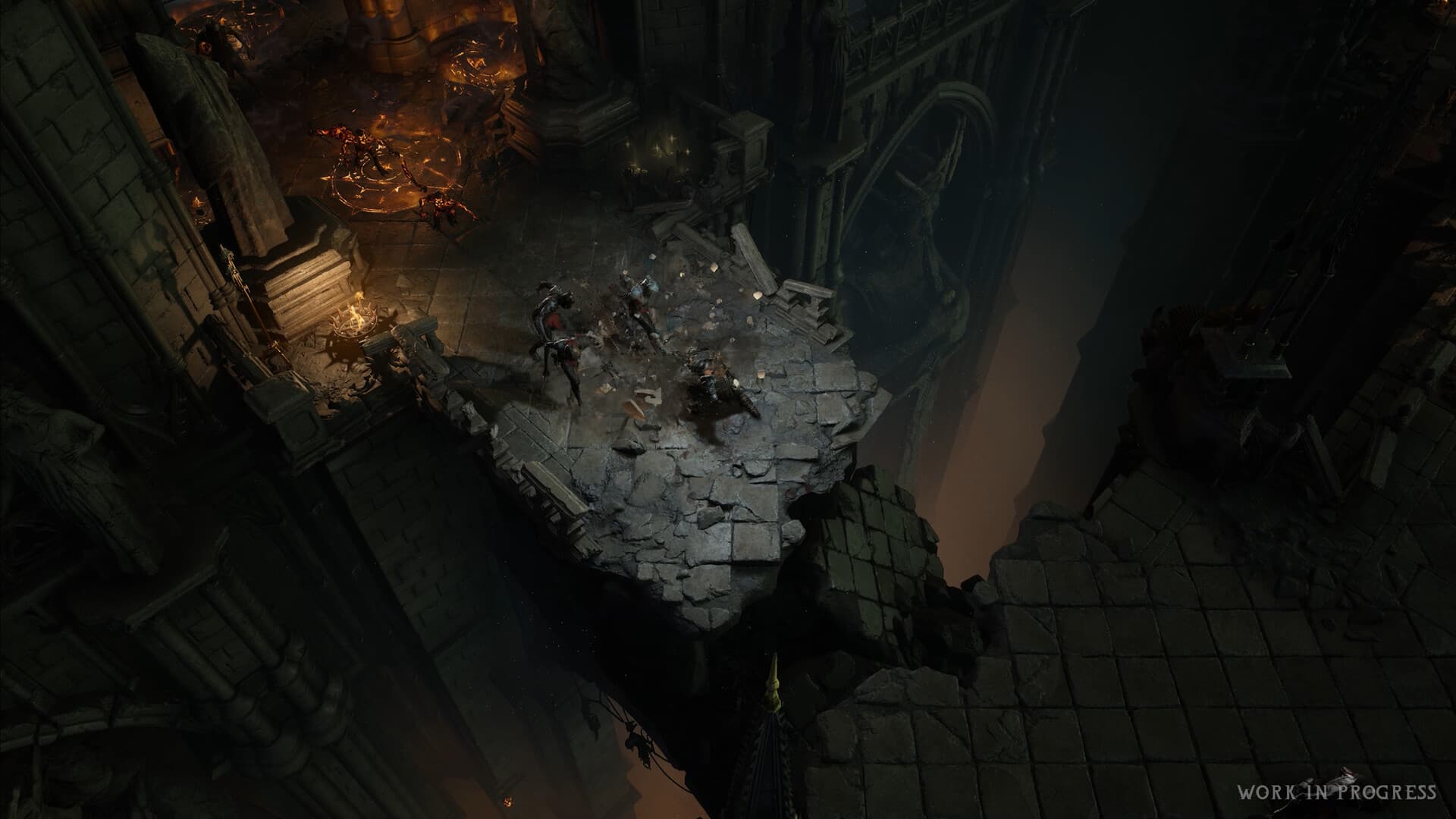 Wolcen 2 characters fighting among dark stone ruins, with the original work-in-progress marking.